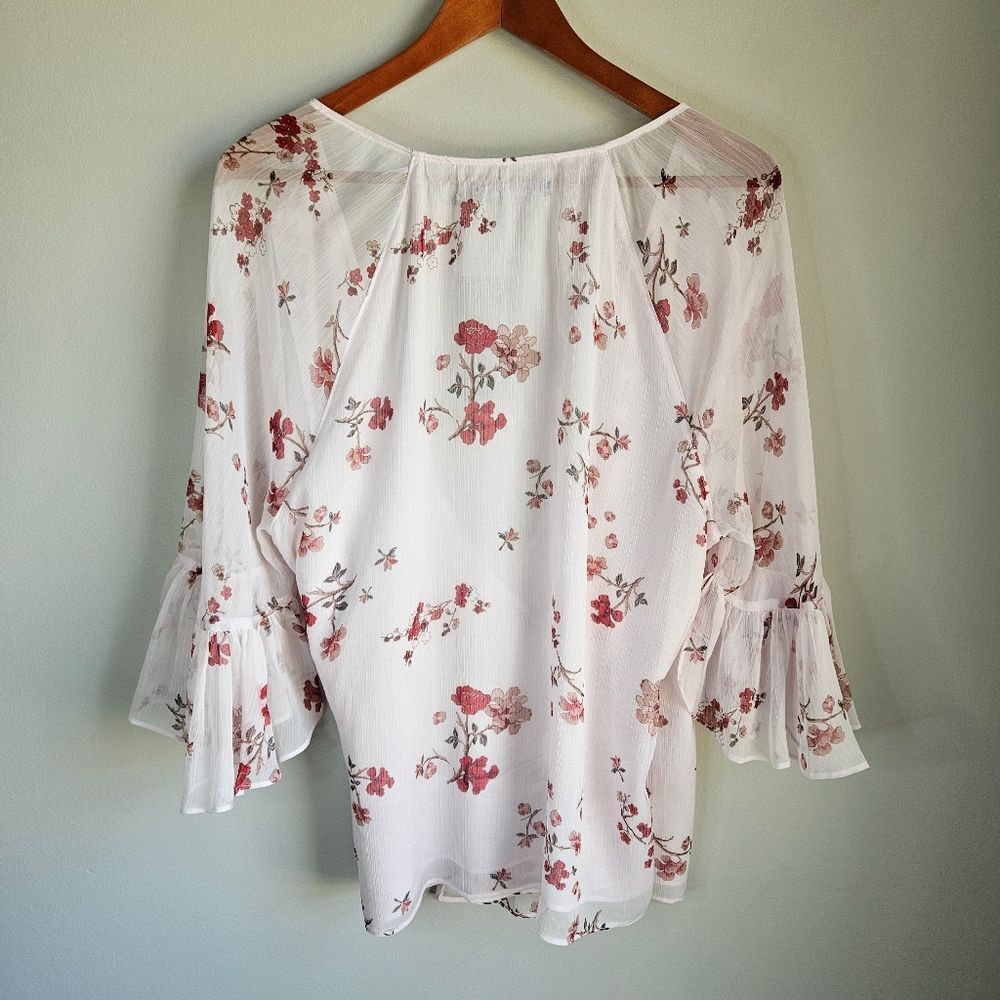 Lauren Ralph Lauren Floral Chiffon Wrap Top Women's 1X Ruffle Bell Sleeves Sheer - Picture 3 of 13